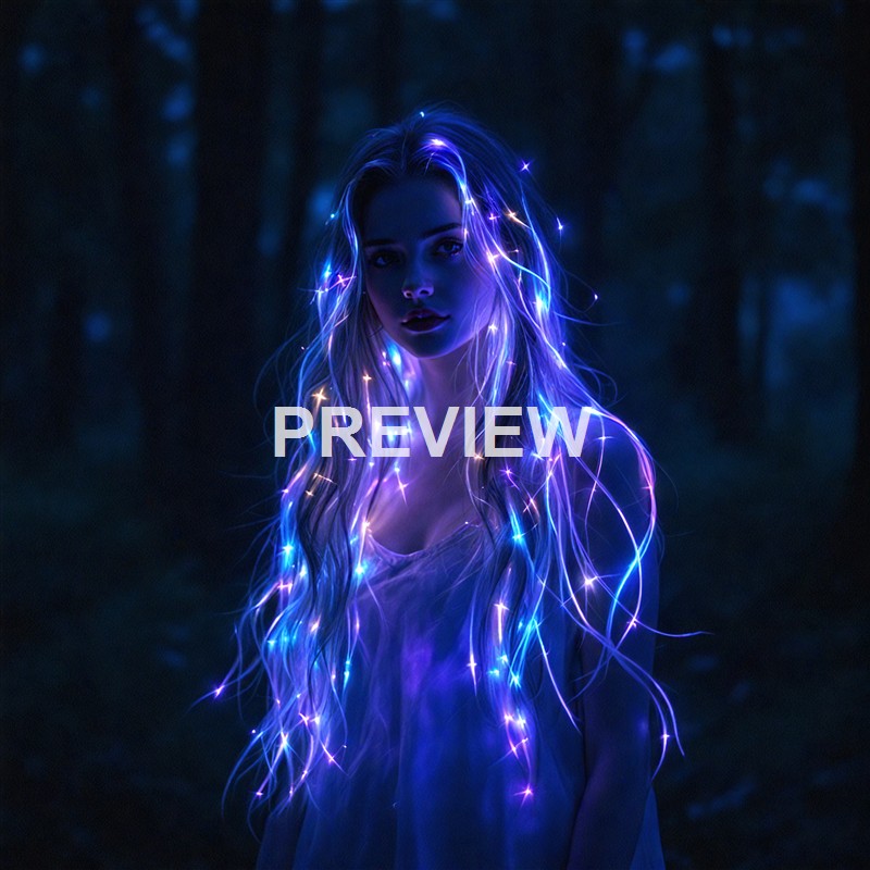 A woman with long hair illuminated by blue and purple glowing lights, standing in a dark, forest-like environment.